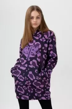 Image of HYPE GIRLS PURPLE LEOPARD SCRIPT LONGLINE HOODIE
