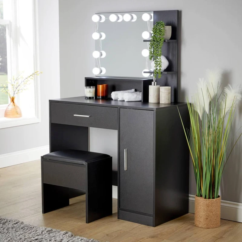 Image of Home Source Sophia Black Dressing Table With Stool And LED Lights Mirror