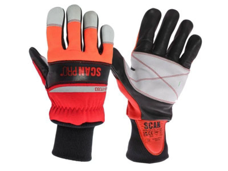 Image of Scan Pro Class 1 Leather Chainsaw Safety Gloves Black / Red L Pack of 1 SCAGLOPCSL