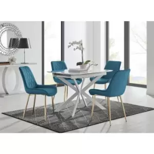 Image of Lira 100 Extending Dining Table and 4 Blue Pesaro Gold Leg Chairs - Blue
