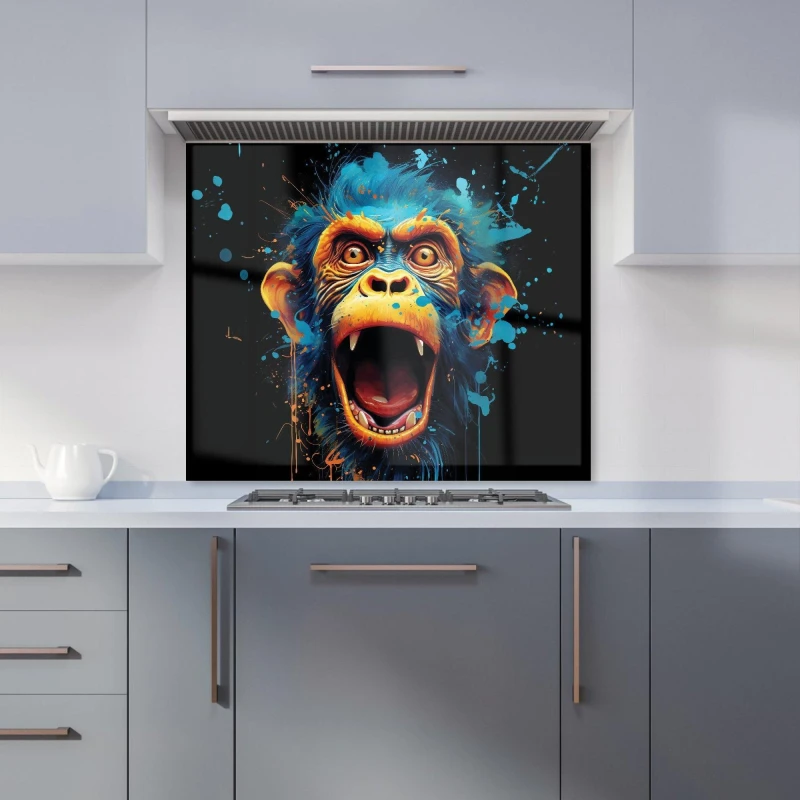 Image of Warren Reed - Designer Crazy Monkey face Splashart Kitchen Splashback in Blue Size: 900mm x 650mm Blue Unisex 900mm x 650mm