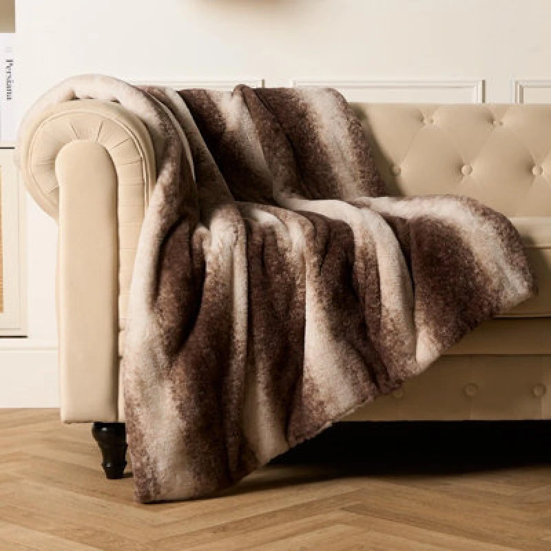 Image of OHS OHS Stripe Throw Over Blanket Faux Fur Soft Fleece in Brown Size: 125cm x 150cm Brown 125cm x 150cm Unisex 5027434192458