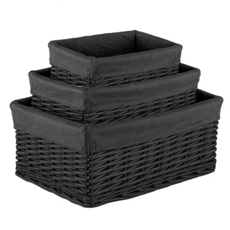 Image of Innoteck Essentials Wicker Storage Baskets With Cloth Lining(Set Of 3) - Black.