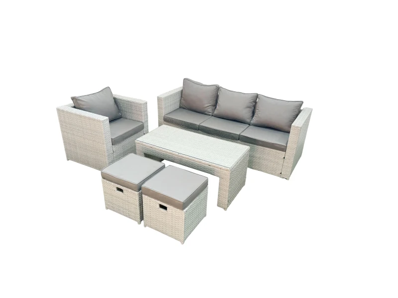 Image of Fimous Rattan Garden Furniture Set 5 Pieces Outdoor Garden Sofa Oblong Coffee Table Set with Chair 2 Small Footstools Light Grey Mixed Light Grey