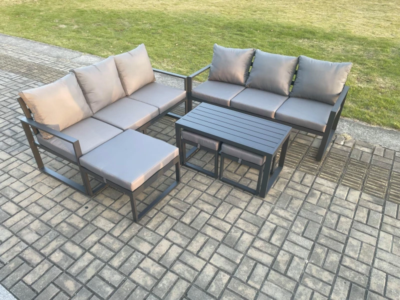 Image of Fimous Aluminium Patio Outdoor Garden Furniture Lounge Sofa Set with Oblong Coffee Table 3 Footstools Dark Grey Dark Grey Unisex
