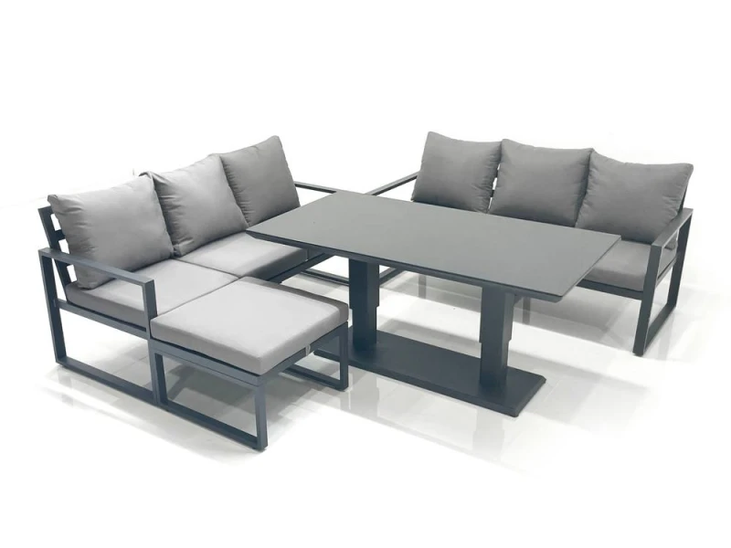 Image of Fimous 7 Seater Aluminium Outdoor Garden Furniture Set with Adjustable Rising Lifting Dining Table 3 Seater Sofa Big Footstool Dark Grey Dark Grey Uni