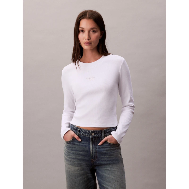 Image of Calvin Klein Jeans Womens Long-Sleeve Crop Top Brilliant White female 12 (M)