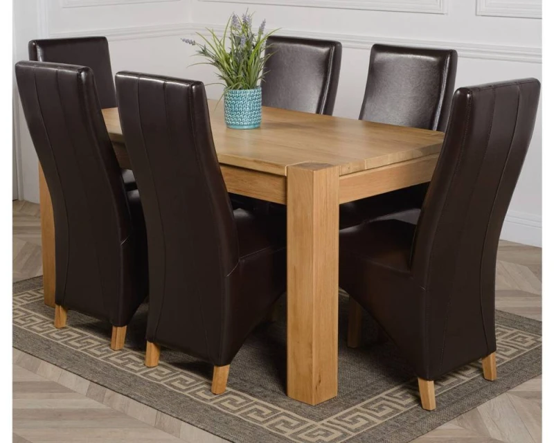 Image of Thats Furniture Kuba 150 x 85cm Chunky Medium Oak Dining Table & 6 Lola Leather Chairs in Brown Brown Unisex 150 x 85 cm