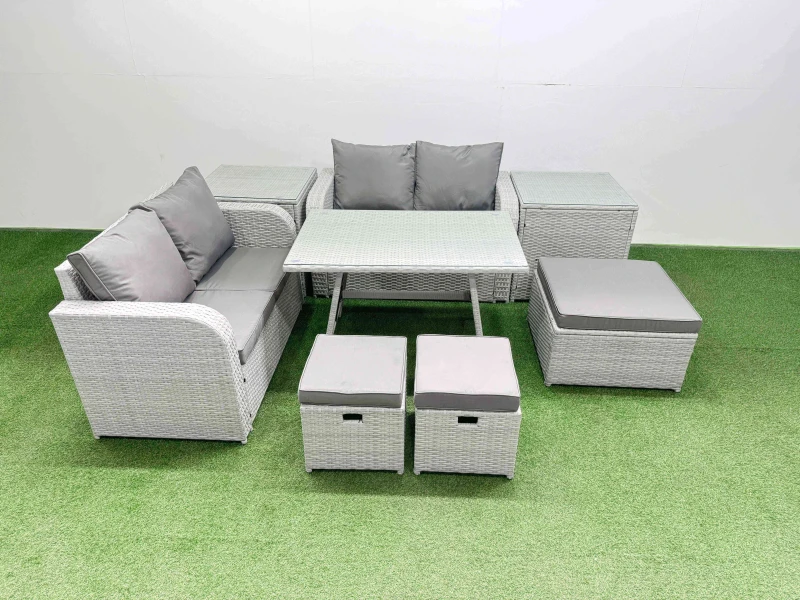 Image of Fimous 7 Seater Outdoor Love Sofa Sets Rattan Garden Furniture Set in Light Grey Light Grey Unisex