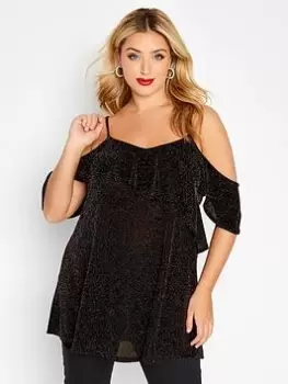 Image of Yours Brillo Frill Cold Shoulder Top. Black/Gold, Size 18, Women