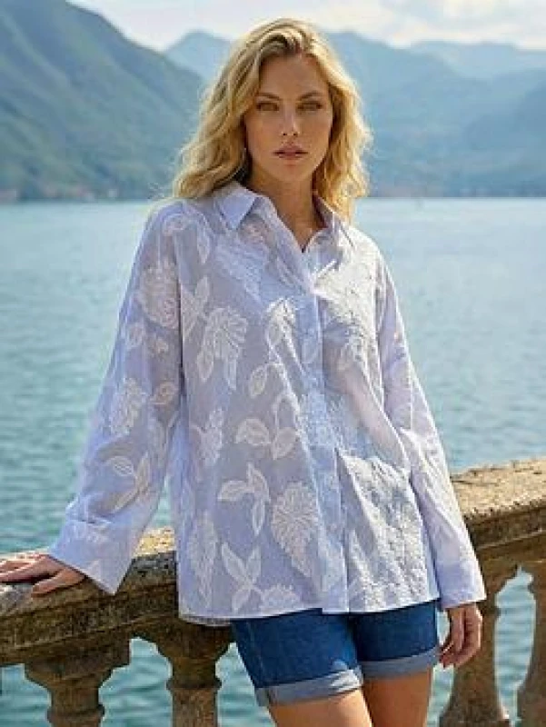 Image of Roman Womens Floral Jacquard Buttoned Shirt in Light Blue Size: 14 Light Blue Female 14