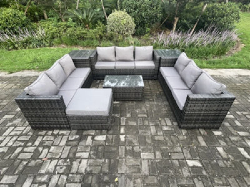 Image of Fimous 10 Seater Outdoor Lounge Sofa Set Wicker PE Rattan Garden Furniture Set with Oblong Coffee Table 2 Side Tables Big Footstool Dark Grey