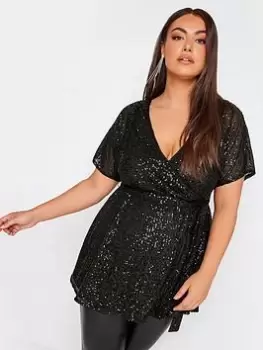 Image of Yours Sequin Wrap Top, Black, Size 20, Women