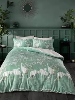 Image of Bianca Fine Linens Painted Storks 100% Cotton Reversible Duvet Cover Set - Green/Natural