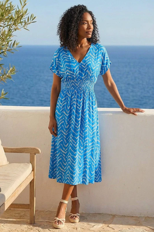 Image of Roman Abstract Floral Zig Zag Print Midi Dress Blue