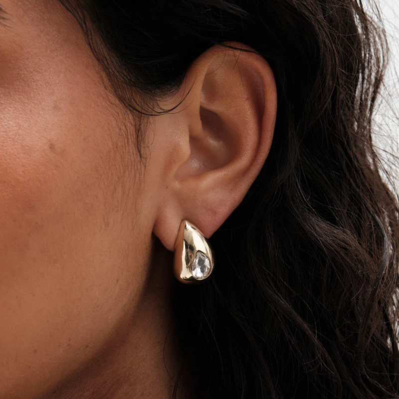 Image of Mood Mood Gold Crystal Pear Dome Hoop Earrings Gold female