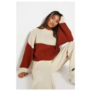 Image of I Saw It First Colour Block High Neck Seed Stitch Jumper - Orange