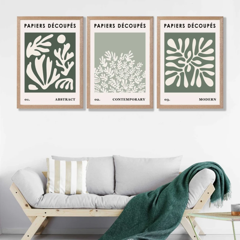 Image of ARTZE Matisse Floral Set of 3 in Green & Sage Wall Art Prints with Oak Frame. Size: A2 in Bottle Green Bottle Green Unisex A2