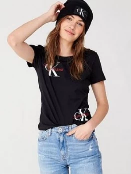 Image of Calvin Klein Jeans Monogram Straight T-Shirt - Black, Size XL, Women