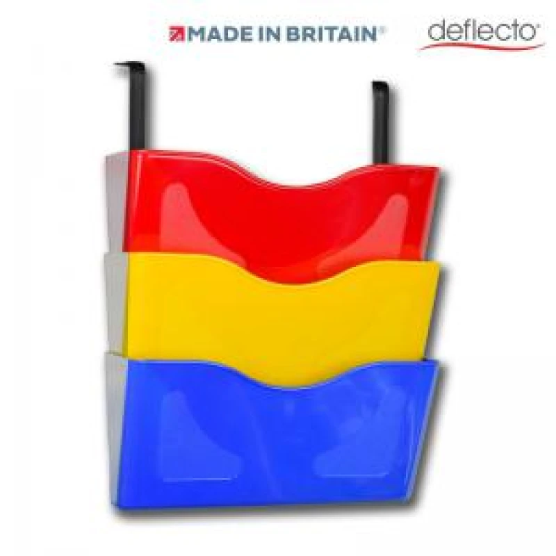 Image of Deflecto Deflecto 3 x A4 Landscape Wall Pocket Literature File with Hanging Bracket Red/Yellow/Blue - CP077YTRYB CP077YTRYB