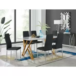 Image of Taranto White High Gloss Dining Table and 6 Black Milan Chairs - Black