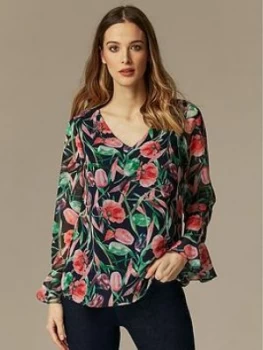 Image of Wallis Brushstroke Floral Ruffle Front Blouse - Black, Navy, Size 8, Women