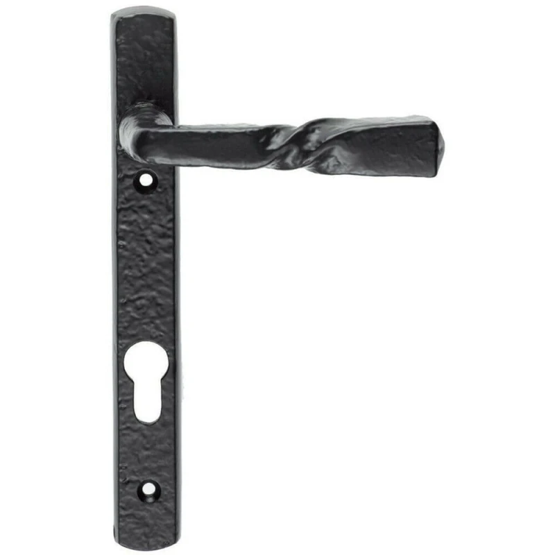 Image of Loops PAIR Ornate Twisted Lever on Narrow Euro Backplate 220 x 28mm Black Antique Black