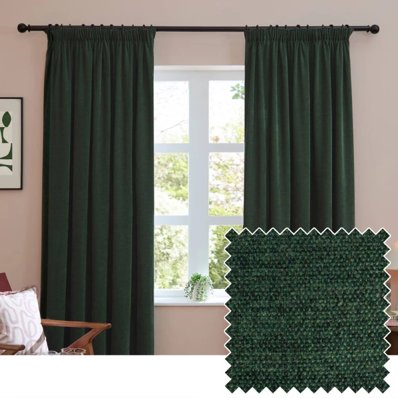 Image of Furn Soft Chenille Blackout Pencil Pleat Curtain Pair in Bottle Green Size: 117cm width x 137cm drop Bottle Green Unisex 117cm width x 137cm dro