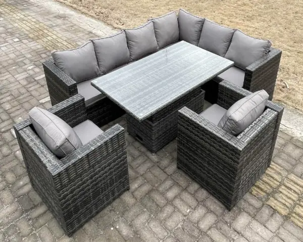 Image of Fimous 8 Seater Outdoor Dark Grey Rattan Lounge Complete Sofa Set Right Side with Rising Adjustable Dining Table