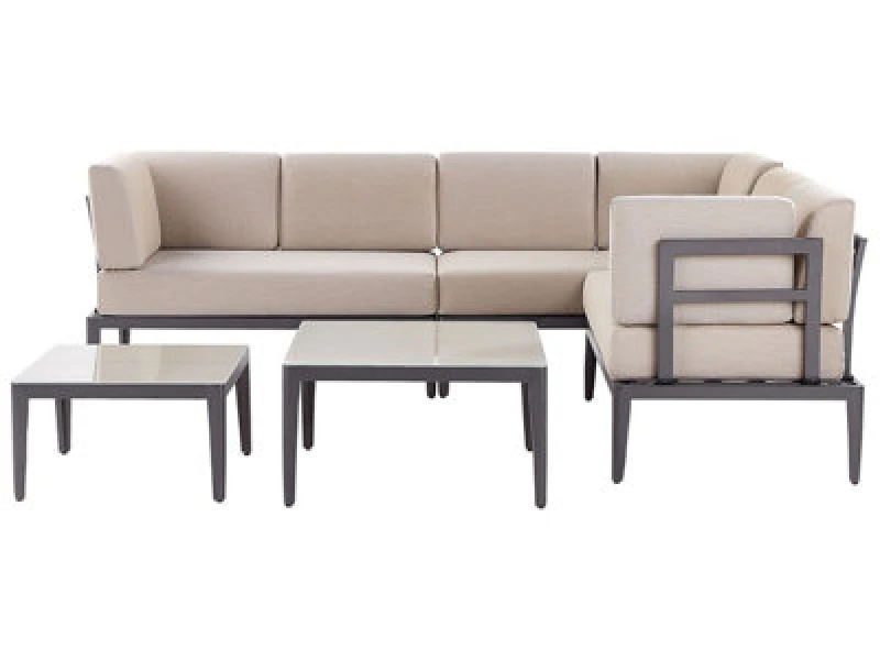 Image of Beliani Garden Corner Sofa With Table 6 Seater Rima Iii Left Hand Modular Metal Beige
