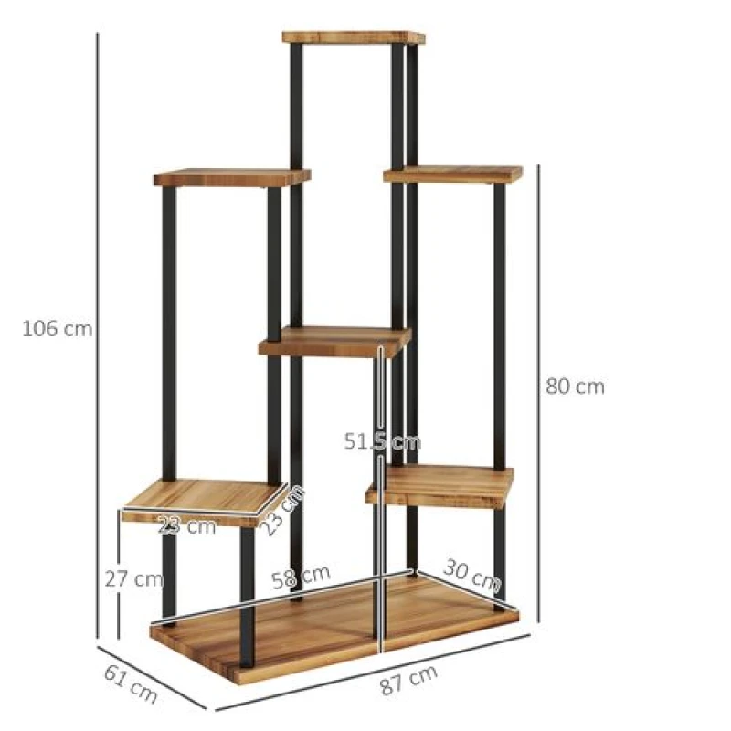 Image of Outsunny 7 Tier Plant Stand, Tall Steel Wood Plant Shelf, Carbonised Finish Brown