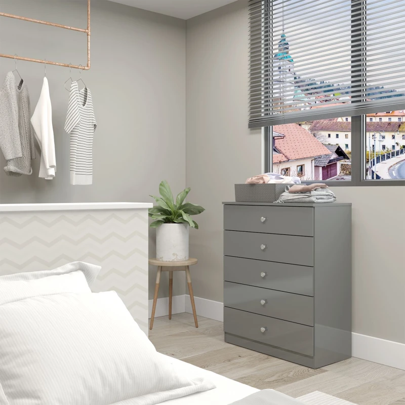 Image of Denver Grey Gloss 5 Drawer Chest Of Drawers Bedroom Furniture Storage