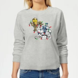 Image of Star Wars Tangled Fairy Lights Droids Womens Christmas Sweatshirt - Grey - XL