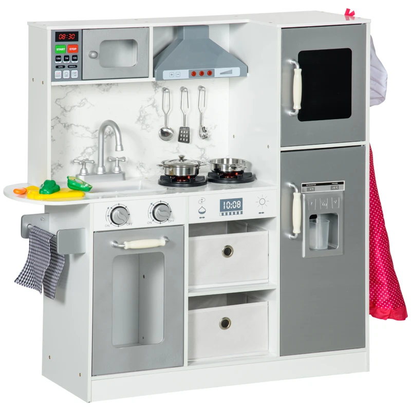 Image of AIYAPLAY Toy Kitchen with Lights Sounds, Apron and Chef Hat, Ice Maker, Microwave, for 3-6 Years Old - White
