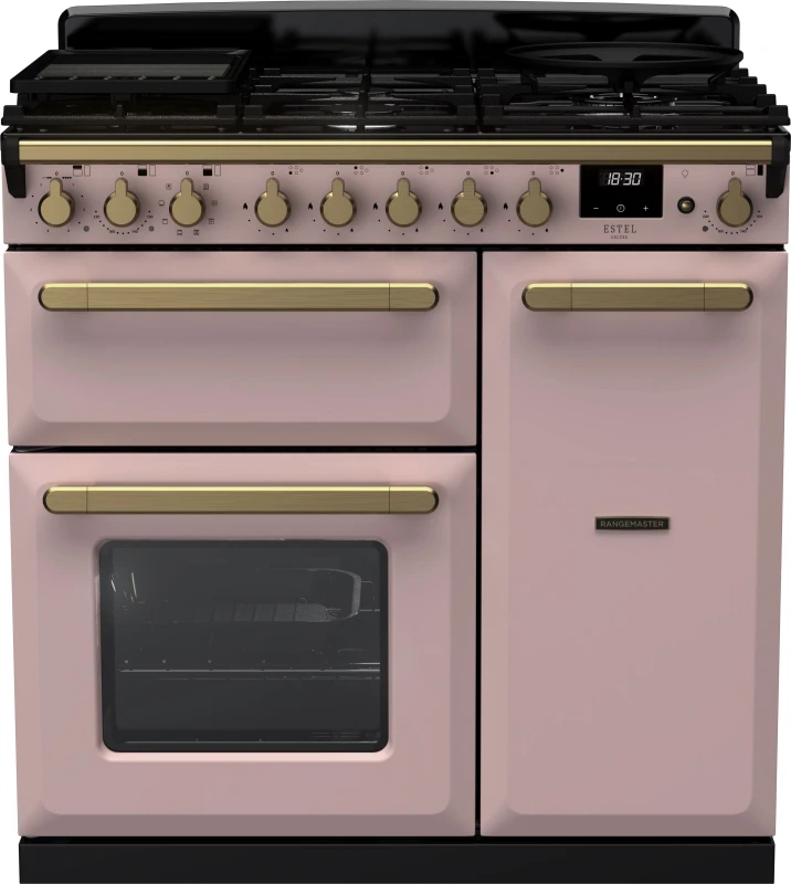 Image of Rangemaster Estel Deluxe ESDL90DFPPPK/AB1 90cm wide Dual Fuel Range Cooker with Gas Hob - Pale Pink / Antique Brass - A/A Rated