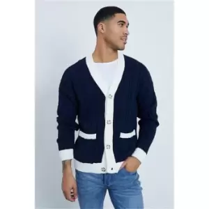 Image of I Saw It First Navy Contrast Trim Cable Cardigan - Blue