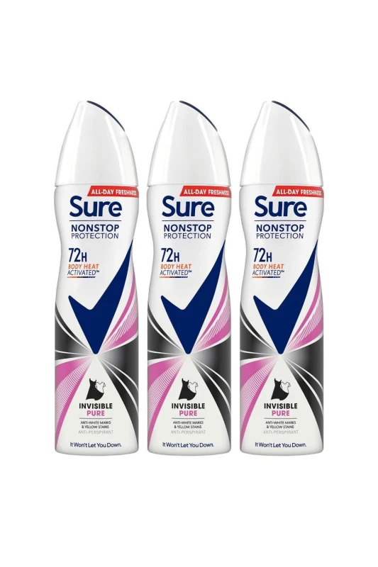 Image of Sure Women 'Anti-Perspirant' 72H Protection Deo Invisible Pure, 3x150ml White female