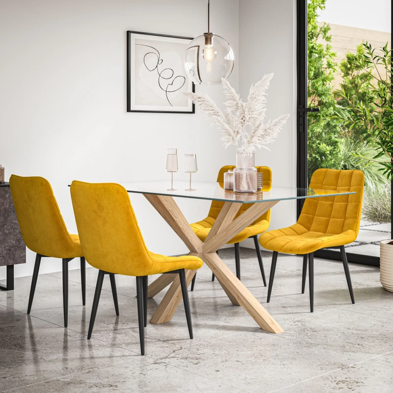 Image of More4Homes Etta Glass Dining Table And Chairs - Glass Top W Solid Oak Legs + Nova Velvet Dining Chair Set Of 6 (Mustard)