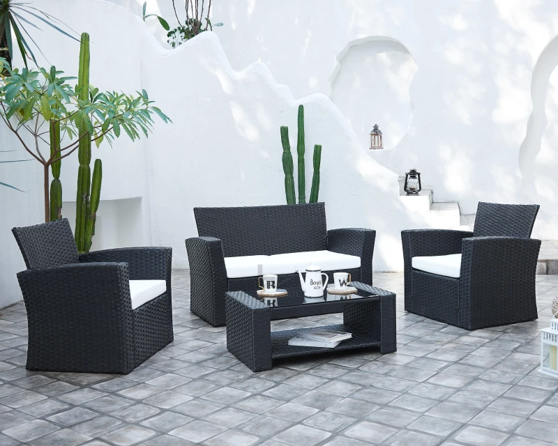 Image of Home Detail Vegas 4 Piece Rattan Garden Furniture Lounge Set with Black Glass Topped Coffee Table Black