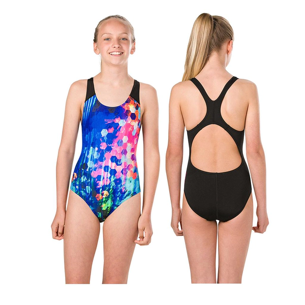 Image of Speedo PopFlash Splashback Swimsuit Junior Black/Surf/Rose 24"