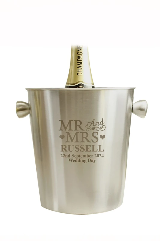 Image of Personalised Memento Company Personalised Mr & Mrs Stainless Steel Ice Bucket in Silver Silver Unisex
