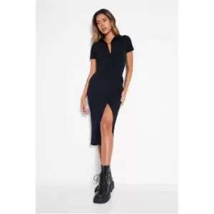 Image of I Saw It First Black Rib Short Sleeve Collar Button Down Midi Dress - Black