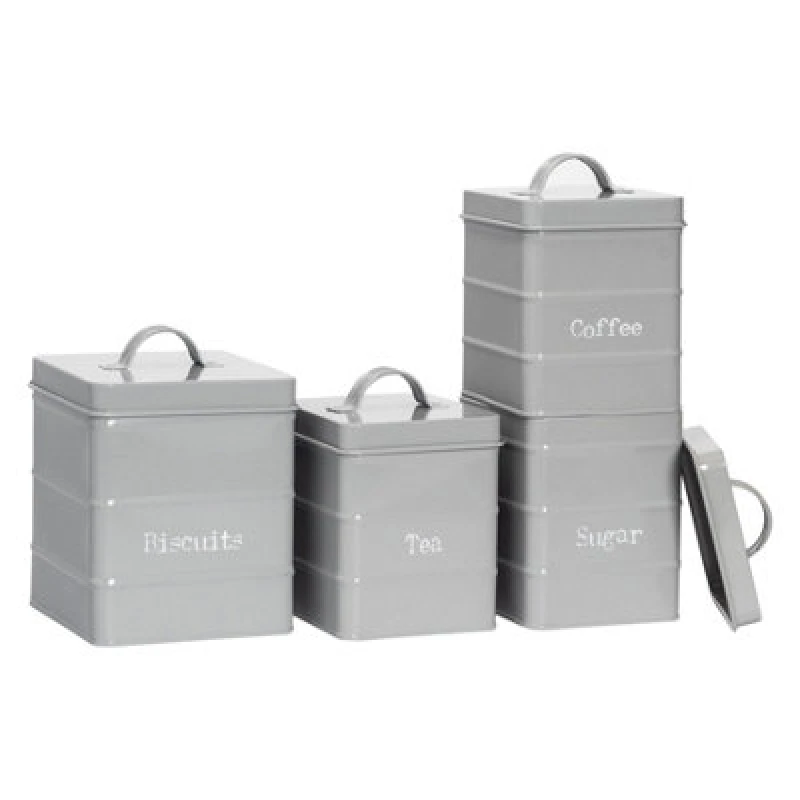 Image of Harbour Housewares 4 Piece Kitchen Canisters Set - Grey - Vintage Metal Storage Caddy Tin Jar