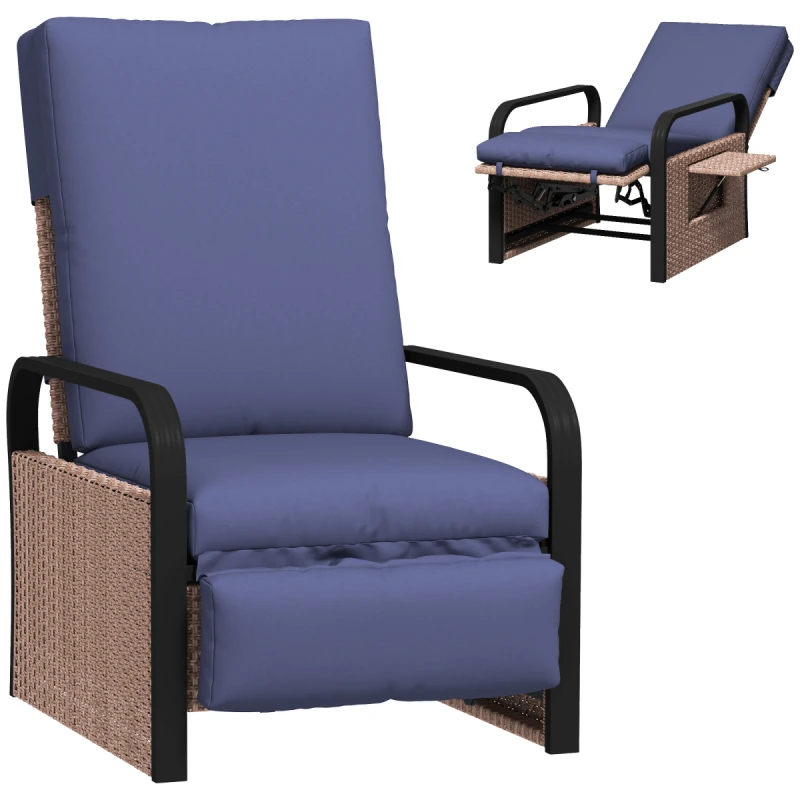 Image of Outsunny Rattan Garden Recliner Chair Sun Lounger w/ Side Tray - Brown/Blue TJ Hughes Blue 5063603790209