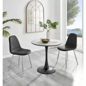 Image of Furniturebox UK - Furniturebox Elina White Marble Effect Modern 80cm Round Dining Table & 2 Black Corona Faux Leather Dining Chairs with Silver Legs