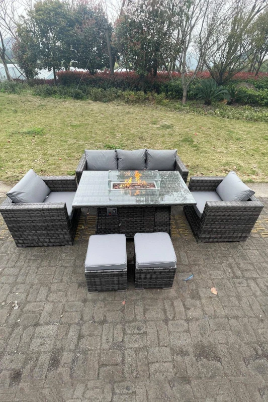 Image of Fimous Outdoor PE Rattan Garden Furniture Gas Fire Pit Dining Table Lounge Sofa 2 PC Armchairs Footstools Dark Grey