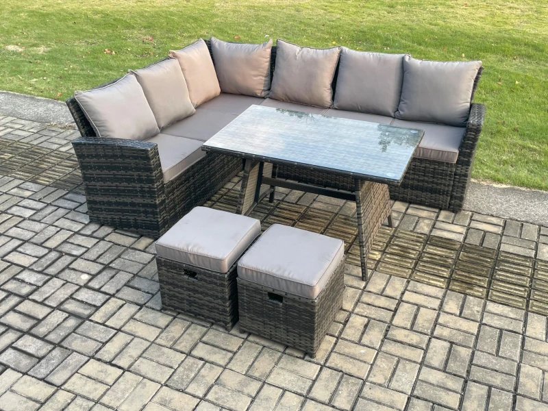Image of Fimous Outdoor Furniture Garden Dining Set Rattan Corner Sofa Set with 2 Small Footstools Dark Grey Mixed Dark Grey