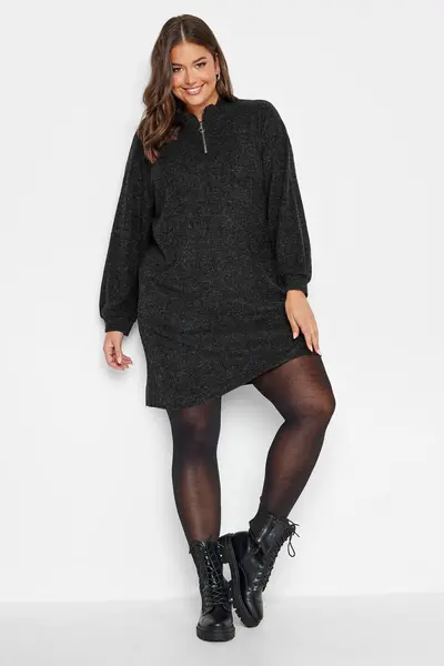 Image of Yours Soft Touch Zip Neck Jumper Dress Charcoal