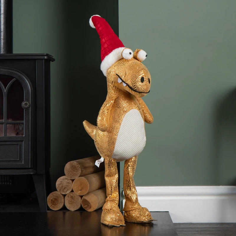 Image of 70cm Tall Gold Plush Santa-Saurus Dino Standing Christmas Decoration with Santa Hat