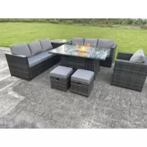 Image of Fimous 7 Seater Outdoor Dark Grey Rattan Lounge Complete Sofa Set with Gas Fire Pit Dining Table, Gas Heater and 2 Stools